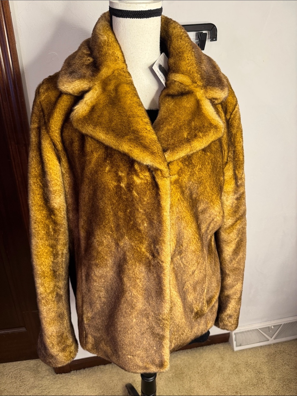 Dennis Basso Faux Fur Coat in Mustard Brown - Women's Teddy Plush Jacket Large